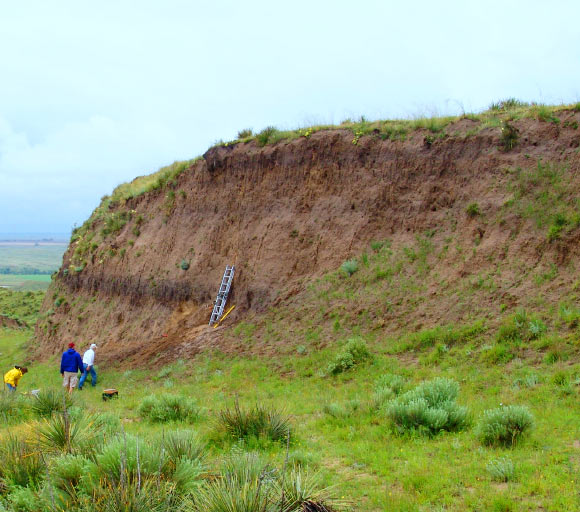 An eroding bluff on the U.S. Great Plains reveals a buried, carbon-rich layer of fossil soil. Image credit: Jospeh Mason
