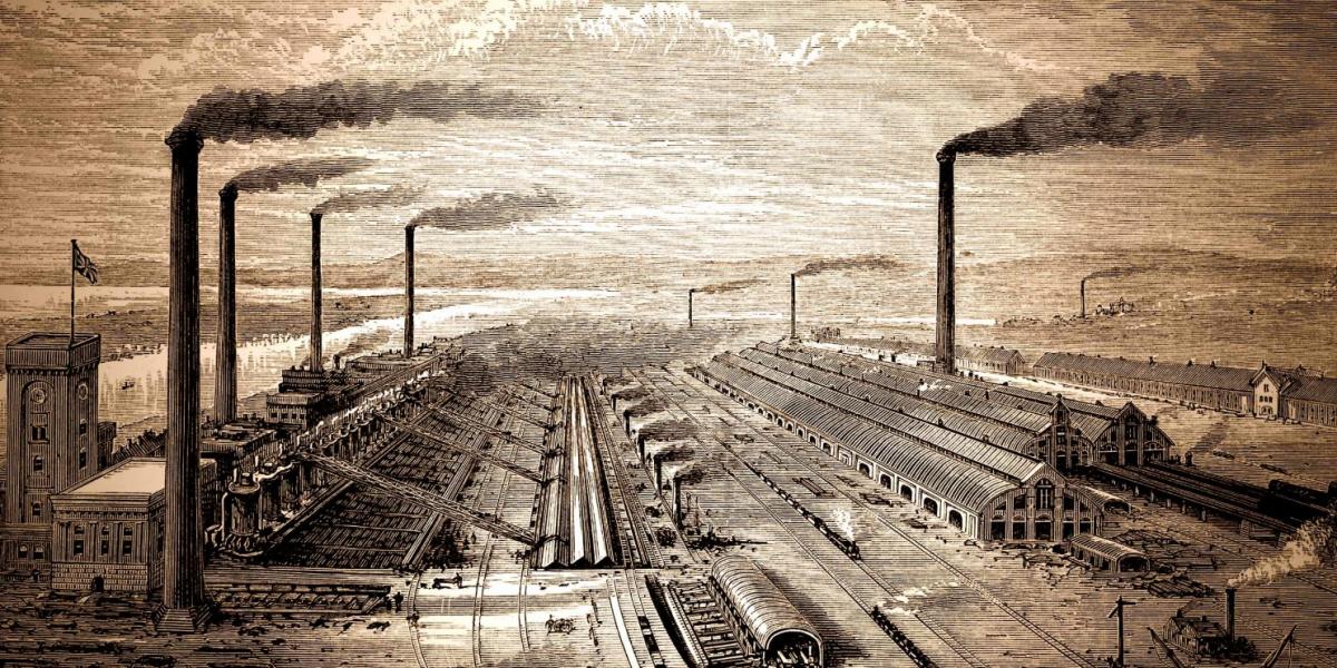 Industrial Age factory and railway engraving. (Washington Post illustration; iStock)