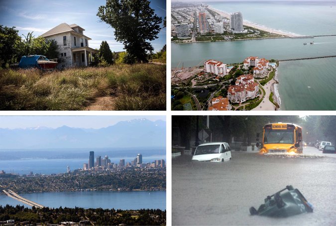 Where in the United States might you find the most protection from future climate change? Clockwise, from top left: Detroit, Miami, Norfolk and Seattle may weather global warming very differently.